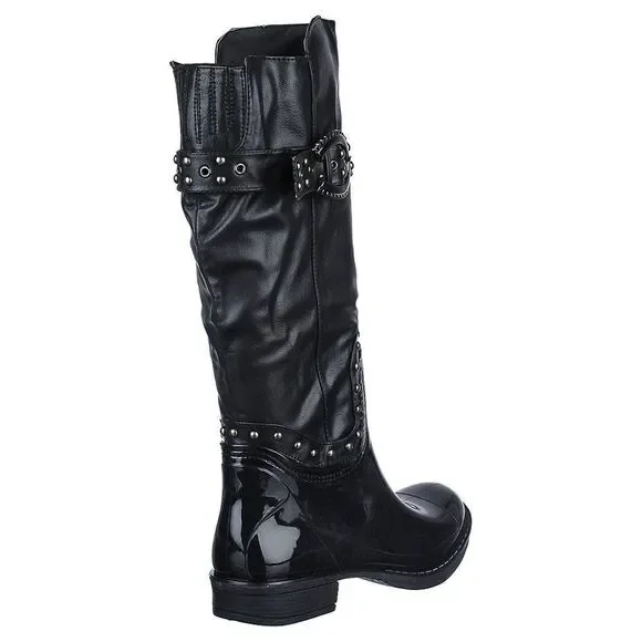 Women's Rivet Studded Shiny Black Rubber Rain Boot Rainboot - Picture 2 of 5